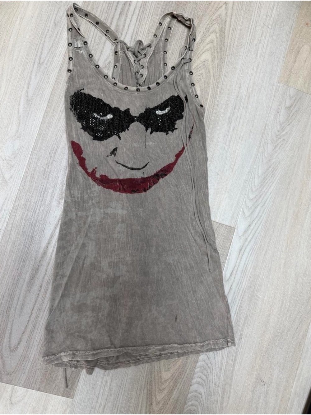 Salvage Gray Studded Tank with Sequin Face Graphic